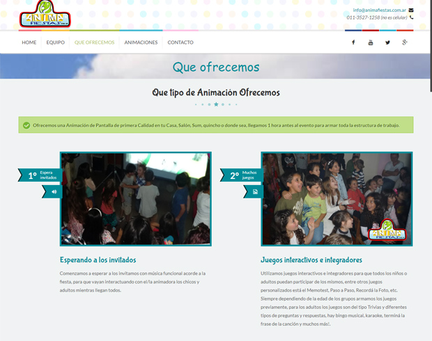 Diseño de página Web empresa de servicios Animafiestas se muestra servicios