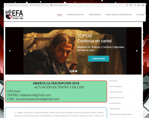 Diseño de página web para escuela de Cine EFA Actuación se muestra parte del inicio