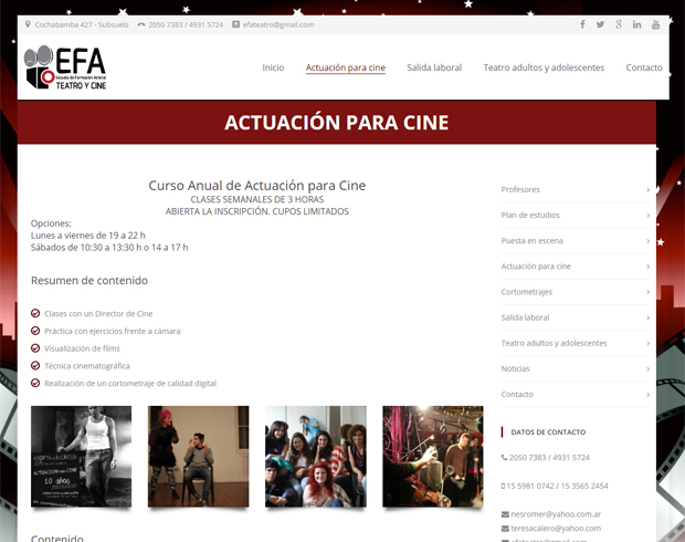 Diseño de página web para escuela de Cine EFA Actuación se muestra actuación para cine