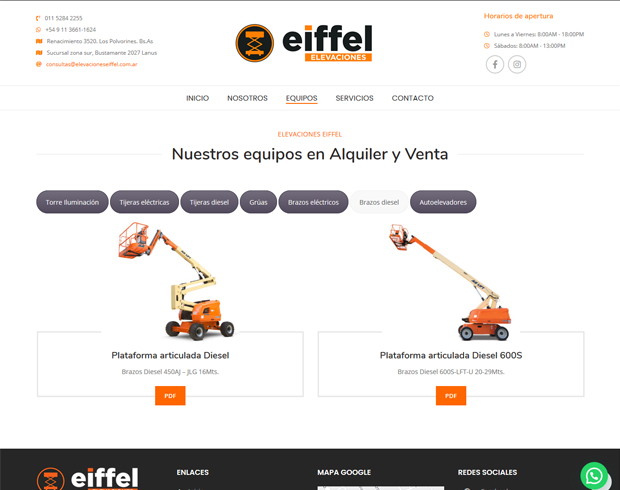Diseño de página Web institucional Eiffel Elevaciones se muestra la solapa equipos
