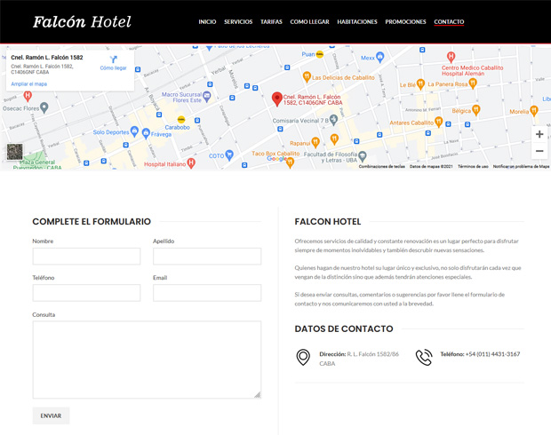 Diseño de página Web institucional para Hotel se muestra la solapa Formulario y mapa